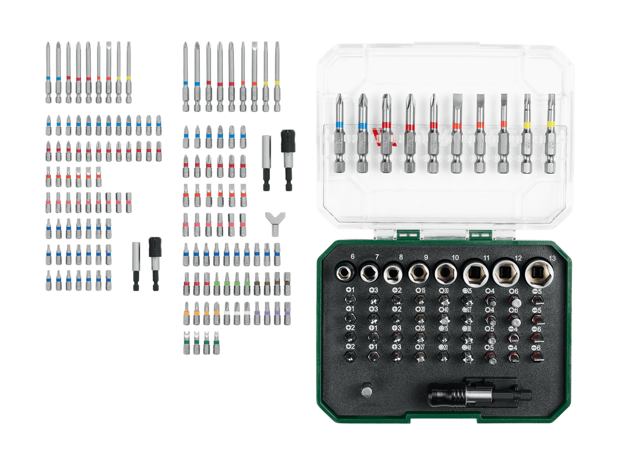 Jeu d'embouts de tournevis et de douilles dans un étui, avec des embouts longs et courts de divers types.