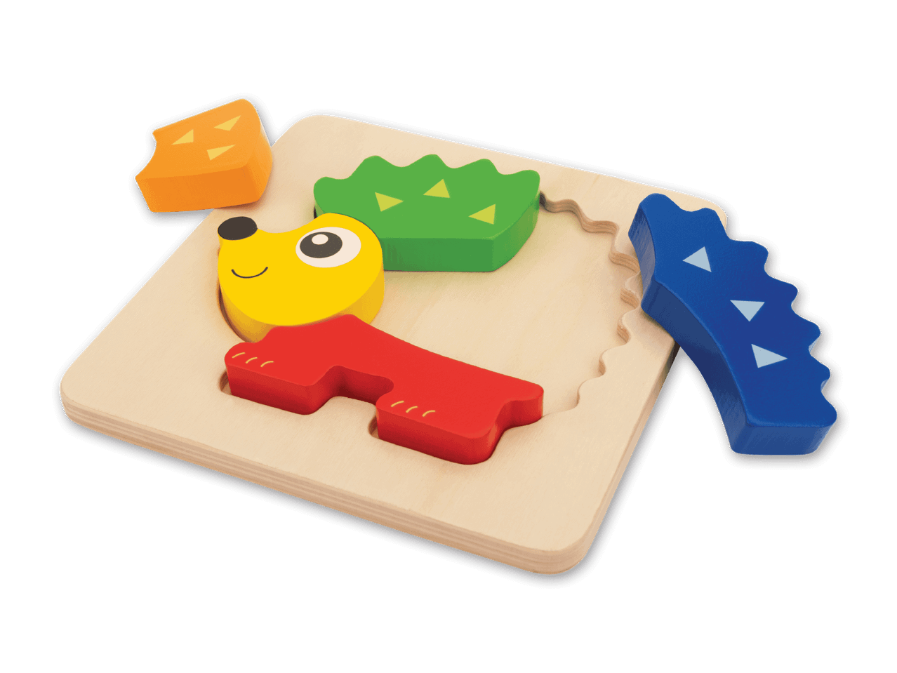 Holzpuzzle mit bunten Tierformen: gelber Hundekopf, roter Körper, grüne und blaue Teile