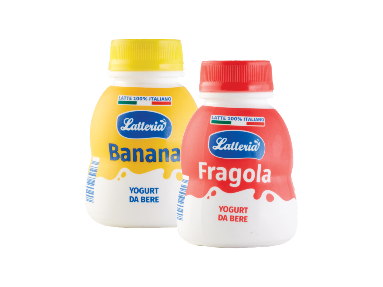 Due vasetti di Latte di Centrale del Latte, uno al gusto banana e uno alla fragola.