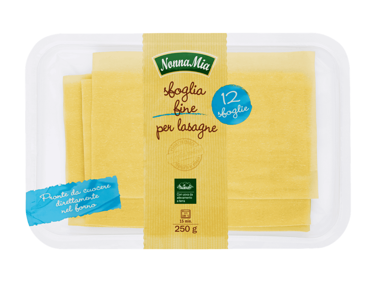Packung Nonna Mia Lasagneblätter, fertig zum Backen.