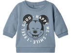 Bluză albastră pentru bebeluși cu Mickey Mouse și textul „FEEL GOOD - HAPPY ME - SMILE”.