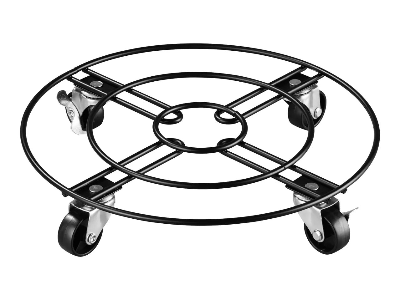 Black metal plant caddy with four wheels, two of which have locking mechanisms.