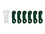 Set of six green guy ropes and twelve metal tent pegs