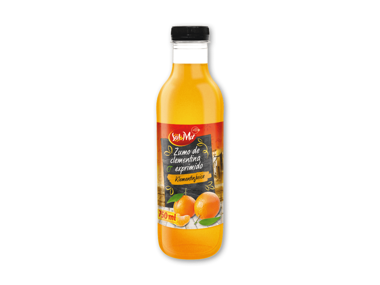 Flaske med klementinsaft med etiket, der viser klementiner og teksten 'Zumo de clementina exprimido'.