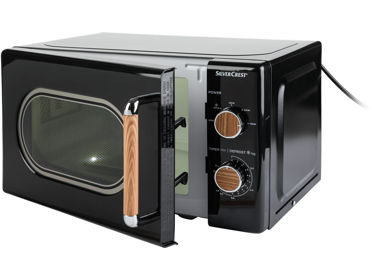 Silvercrest® Kitchen Tools mikrobangų krosnelė, juoda, su mediniais mygtukais ir sidabro detalėmis.