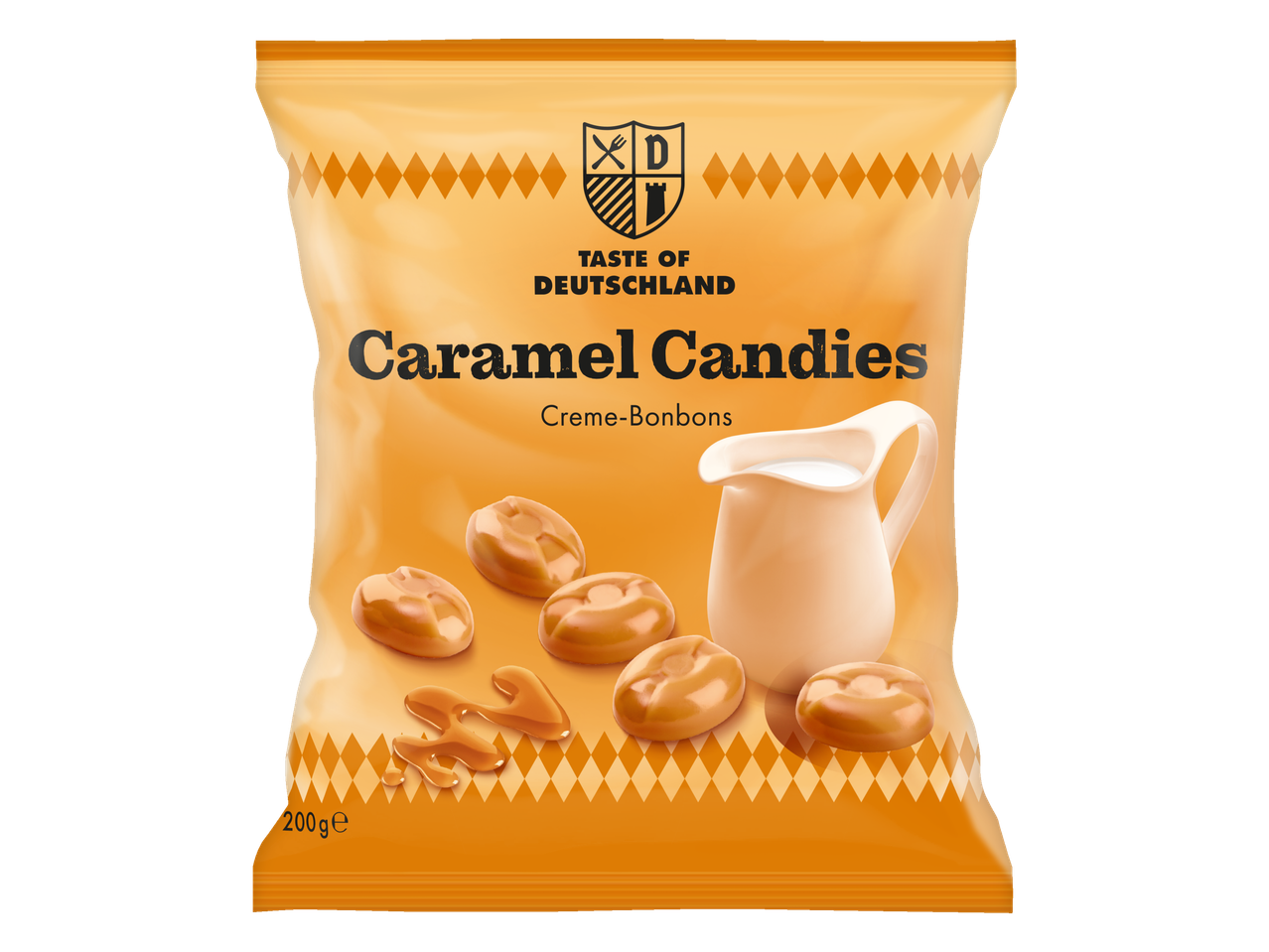 Oranje zak met karamelbonbons en een kan melk.