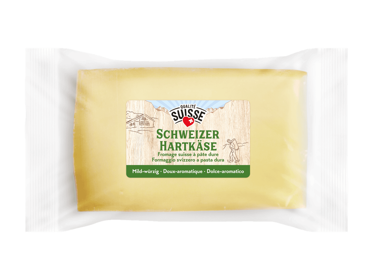 Schweizer Hartkäse in Verpackung, mit Etikett 