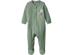 Lupilu baby sleepsuit in sage green with a bear and balloons graphic.