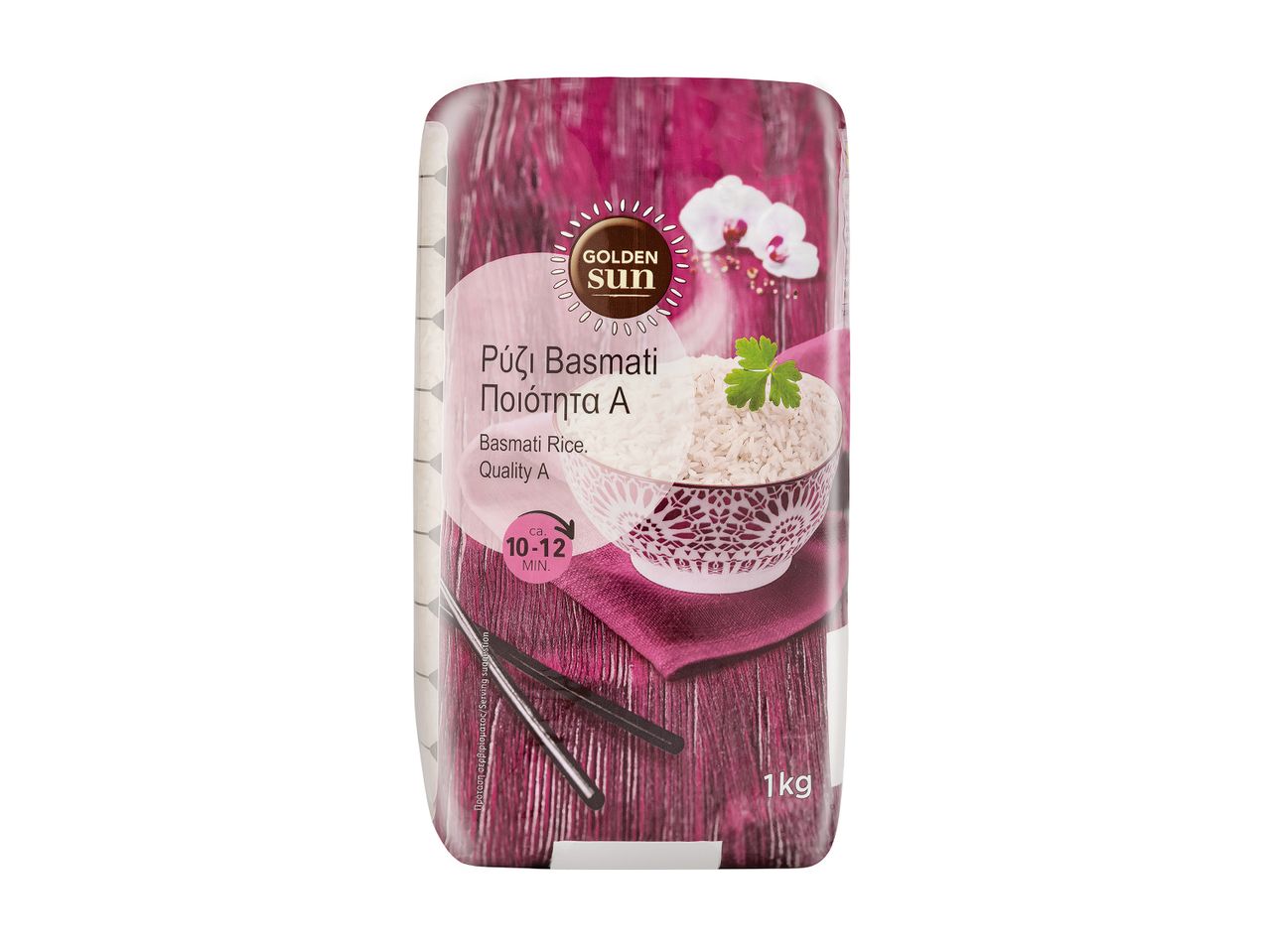 Συσκευασία ρυζιού μπασμάτι με ένα μπολ μαγειρεμένο ρύζι, ορχιδέες και χρόνο μαγειρέματος.