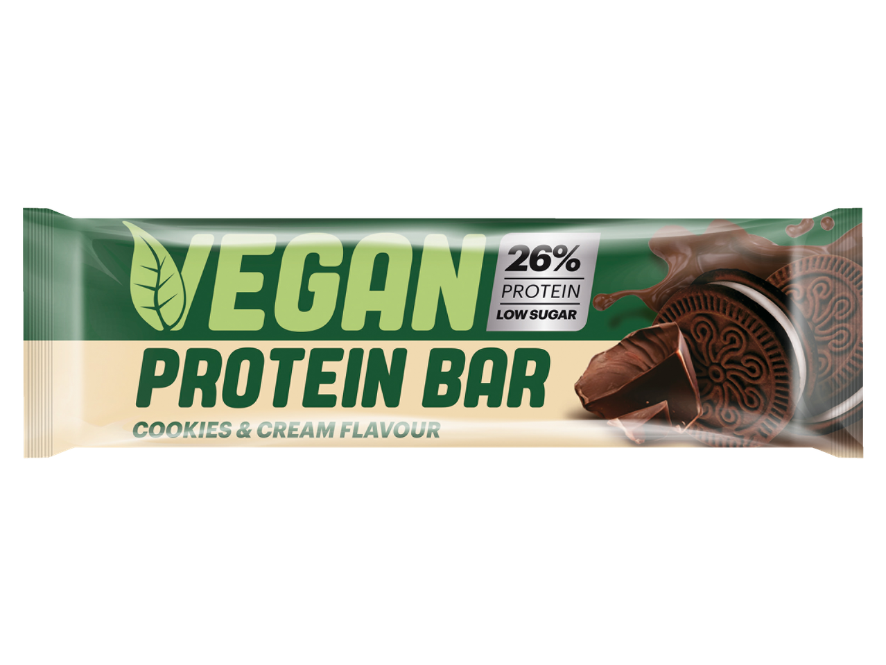 Vegan proteinreep, cookies & cream smaak.