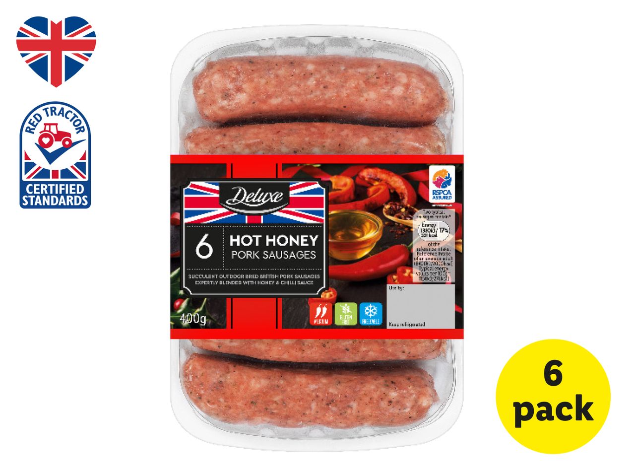 Six-pack of British Red Hot Honey sausages in plastic packaging.