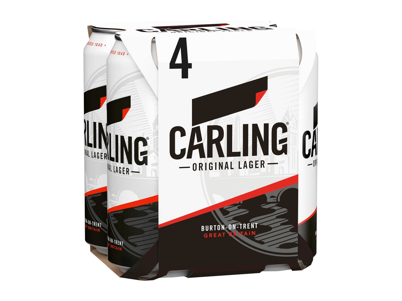 Four-pack of Carling Original Lager cans.
