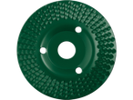 Zöld színű, texturált felületű csiszolókorong, három rögzítőnyílással.