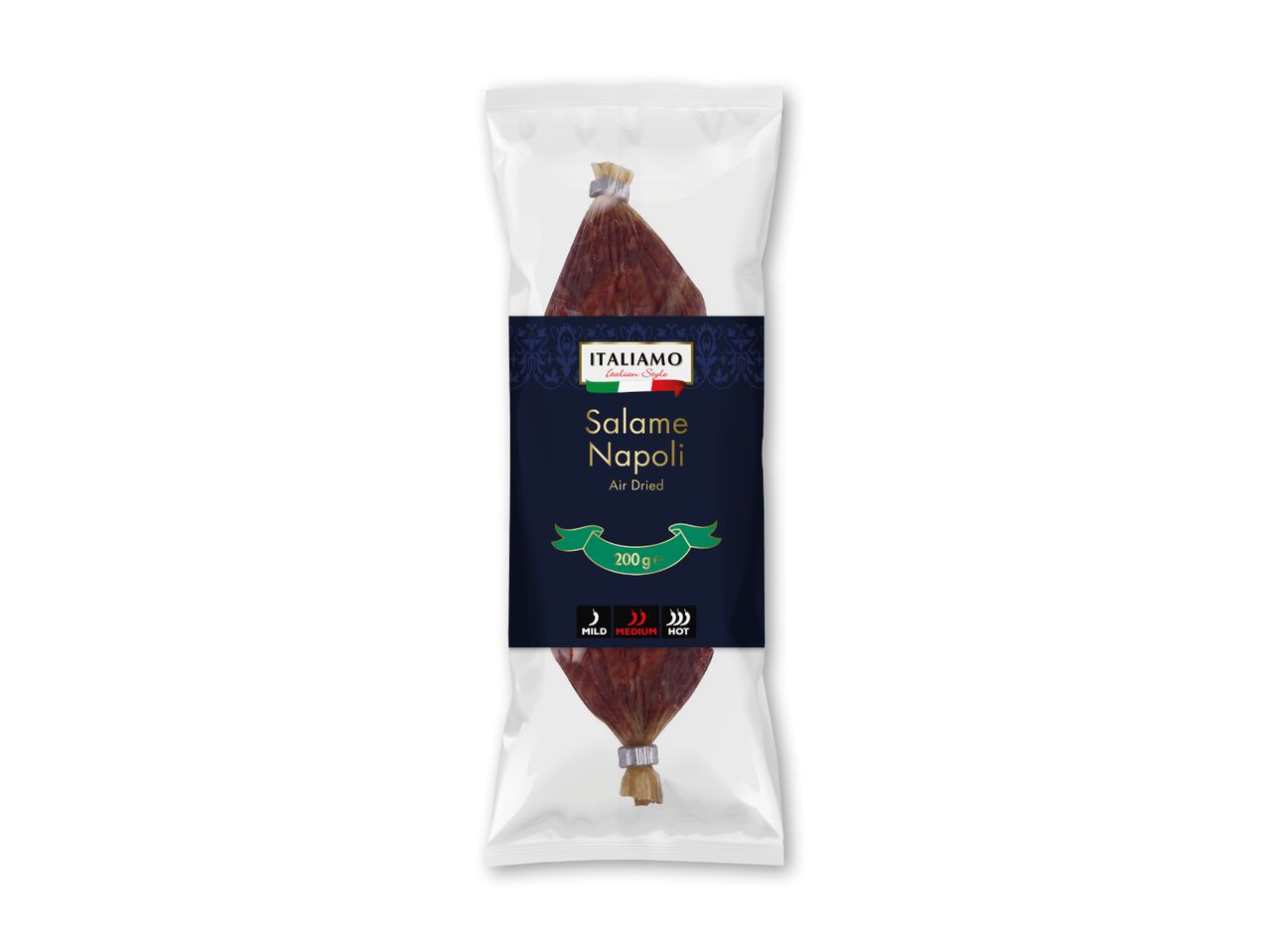 Lufttørret salami Napoli i klar emballage, 200g, medium styrke.