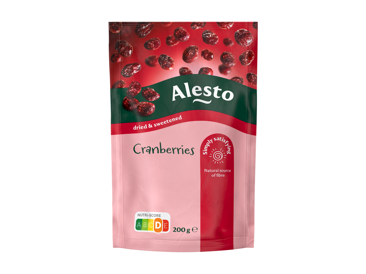 Alesto gedroogde en gezoete veenbessen, 200g verpakking met Nutri-Score D.