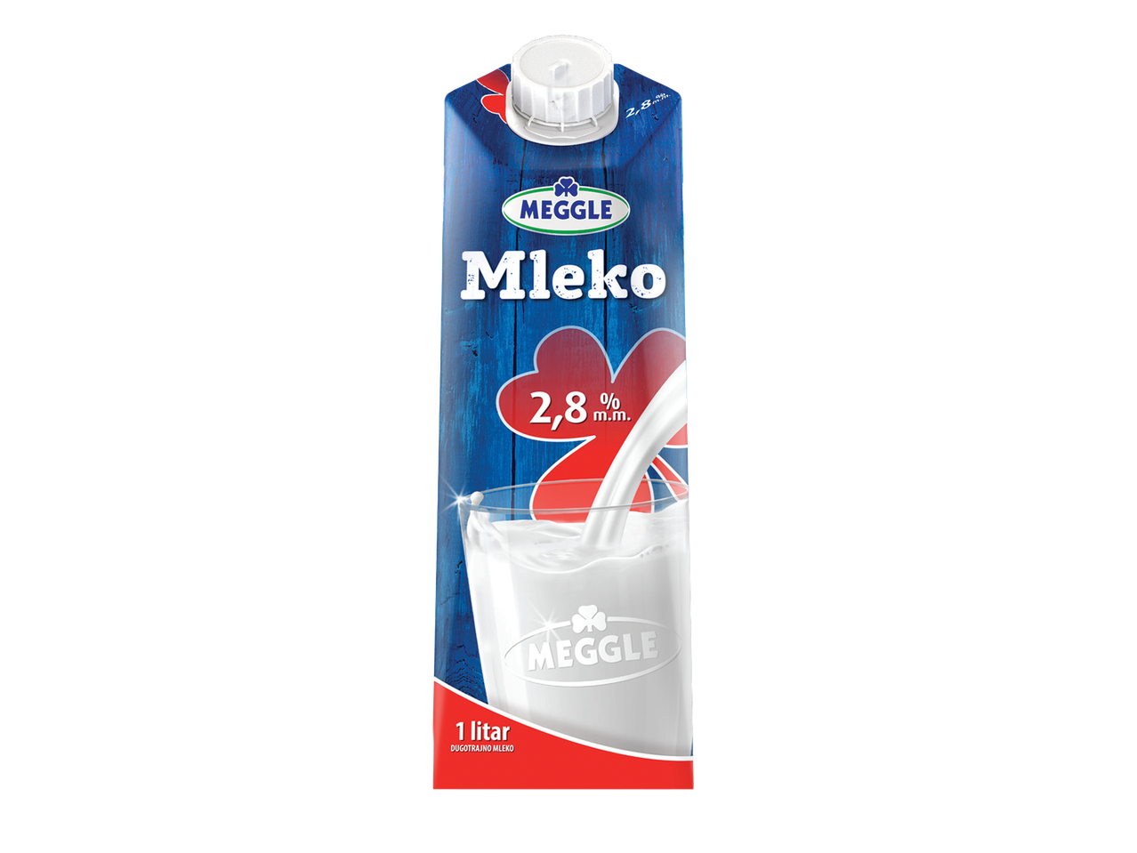 Meggla mleko u kartonskoj ambalaži sa natpisom 'Mleko' i 2,8% m.m.
