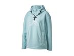 Light blue fleece hoodie with a black drawstring and a white logo on the chest