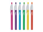 Six colorful ballpoint pens in pink, purple, blue, green, yellow, and orange.