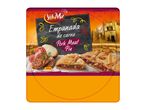 Pork meat pie packaging with grilled meat, onion, and tomatoes, set against a rustic street scene.