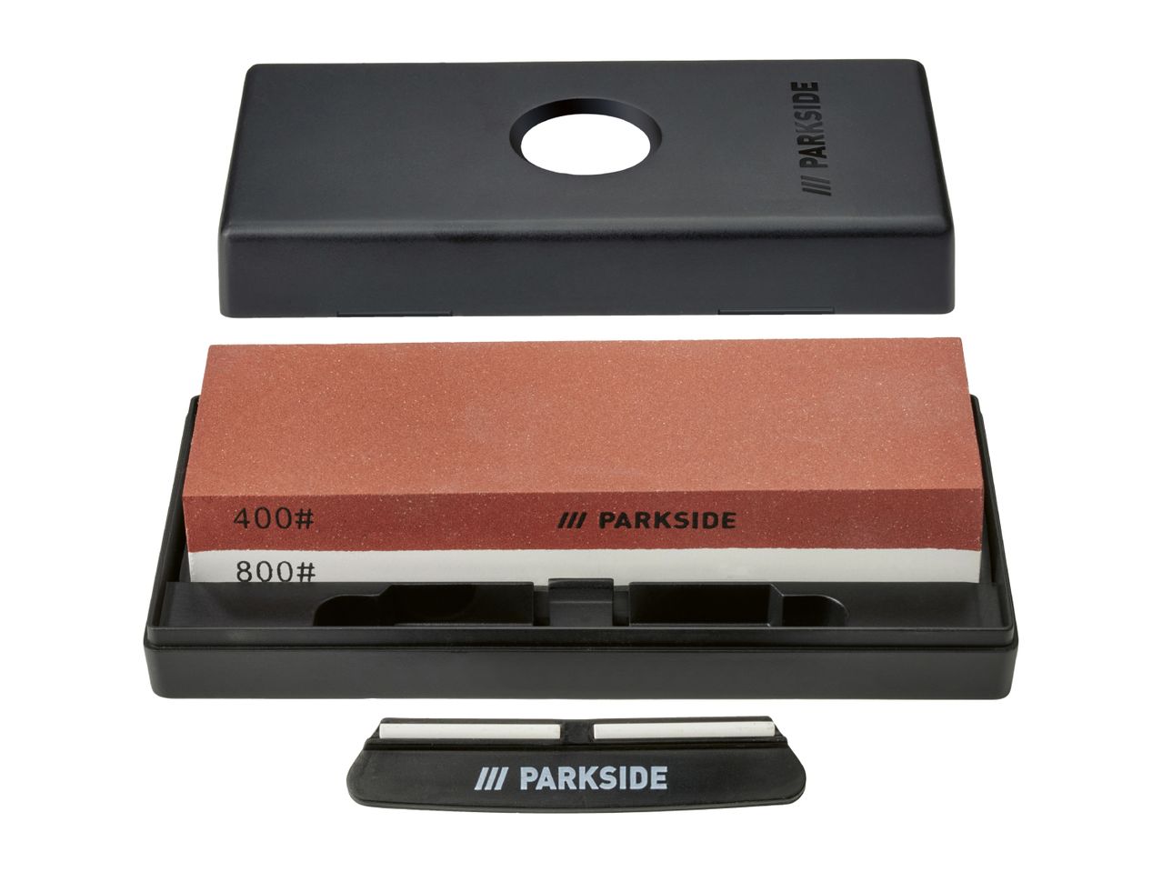 A sharpening stone set with a coarse 400# side and a fine 800# side, in a black case.
