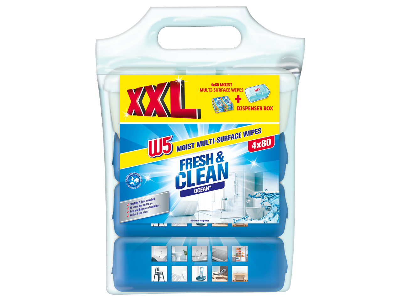 W5 XXL Fresh & Clean Ocean multi-oppervlak doekjes in een dispenserbox.