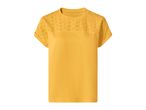 Yellow short-sleeved t-shirt with embroidered details on the shoulders and sleeves.