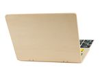 Wooden toy laptop with a screen displaying colorful patterns