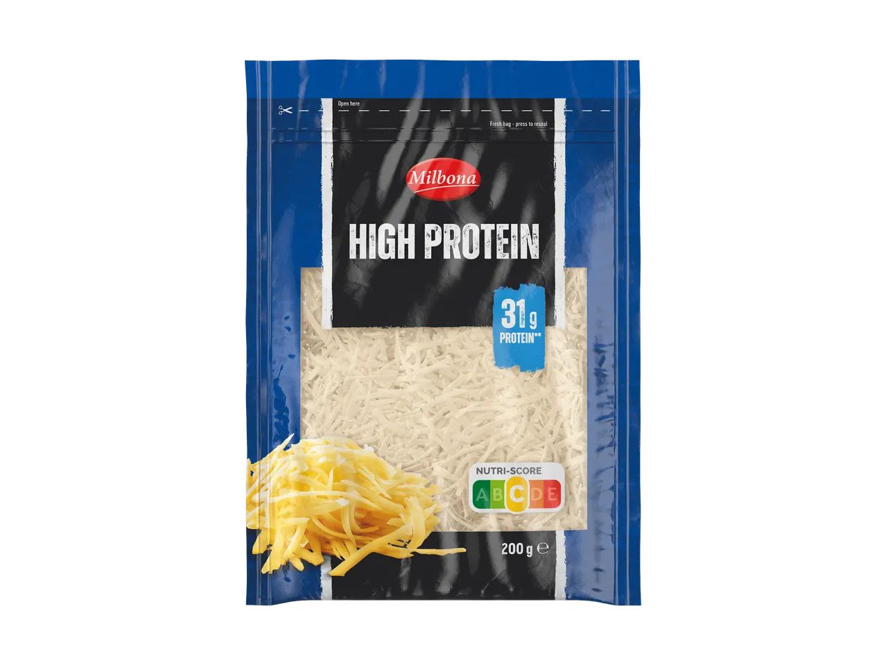 Confezione di formaggio grattugiato ad alto contenuto proteico da 200 g.