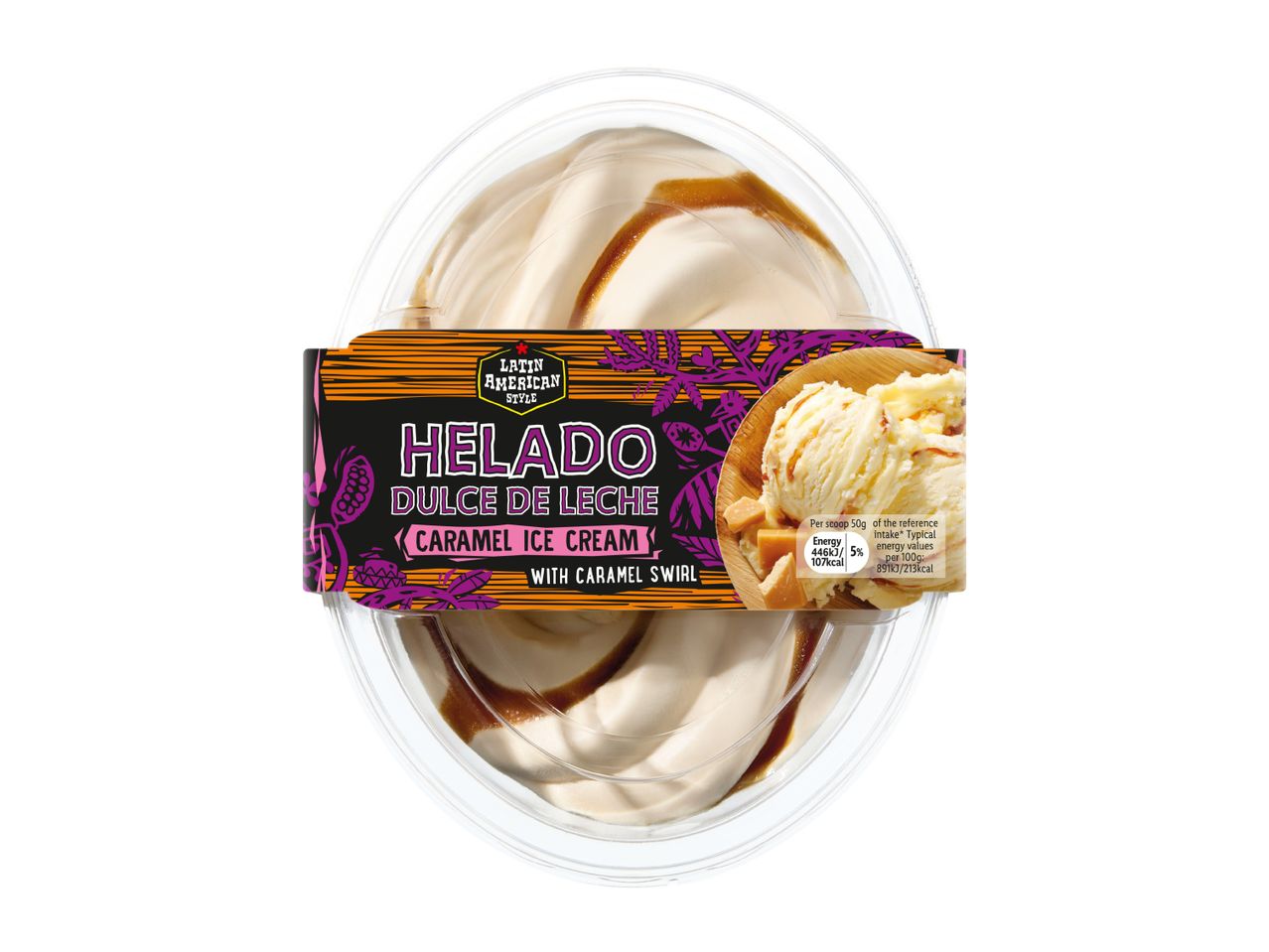 Latin American style Dulce de Leche caramel ice cream with caramel swirl.