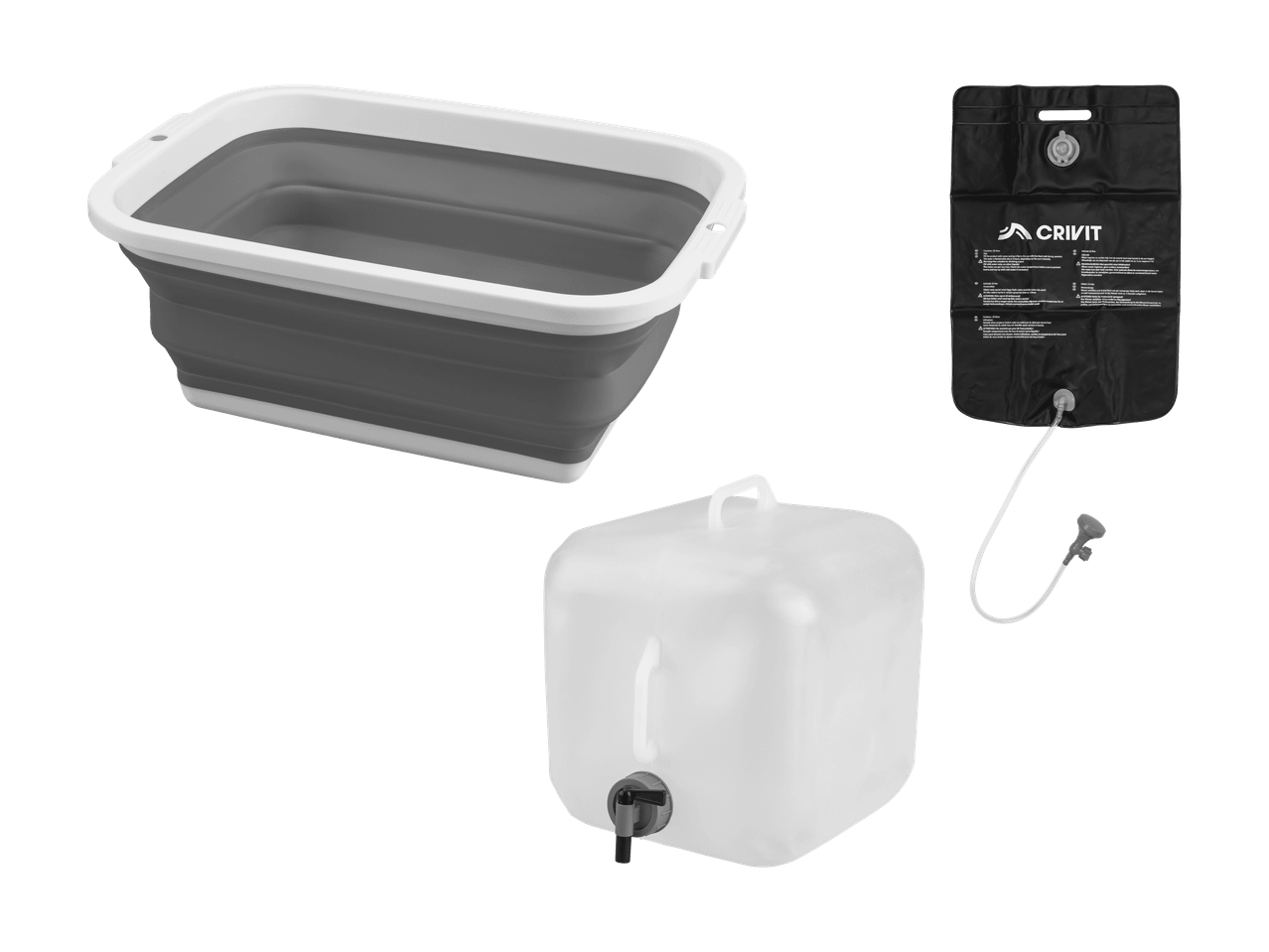 Ensemble de camping avec bassine pliable, douche solaire portable et jerrican d'eau.