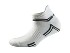 Low-cut white athletic socks with black stripes.