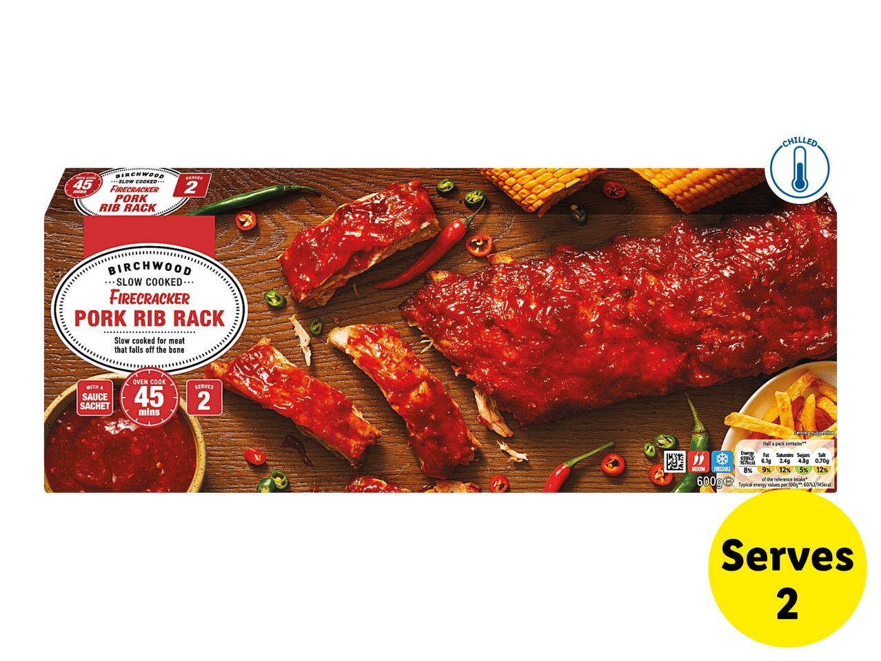 Slow-cooked firecracker pork rib rack with sauce, corn on the cob, and chilies, serves 2.