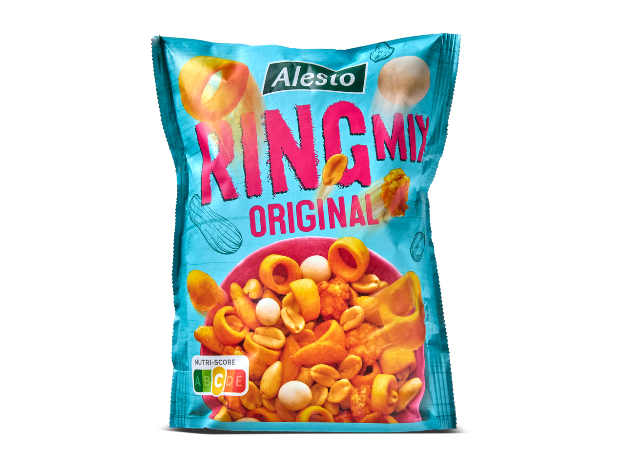 Zak met ringmix snacks, inclusief pinda's en gefrituurde deegstukjes, met Nutri-Score C.