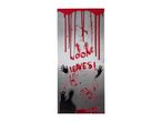 Halloween door cover with red blood drips, handprints, and the text 'NO ONE LEAVES!'