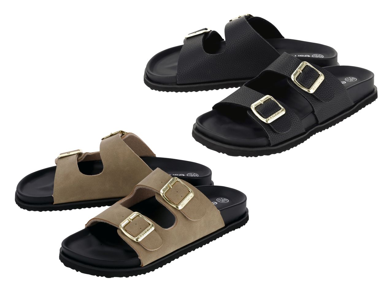 Zwei Paar Sandalen mit zwei Riemen und Schnallen, ein Paar in Schwarz und ein Paar in Beige.