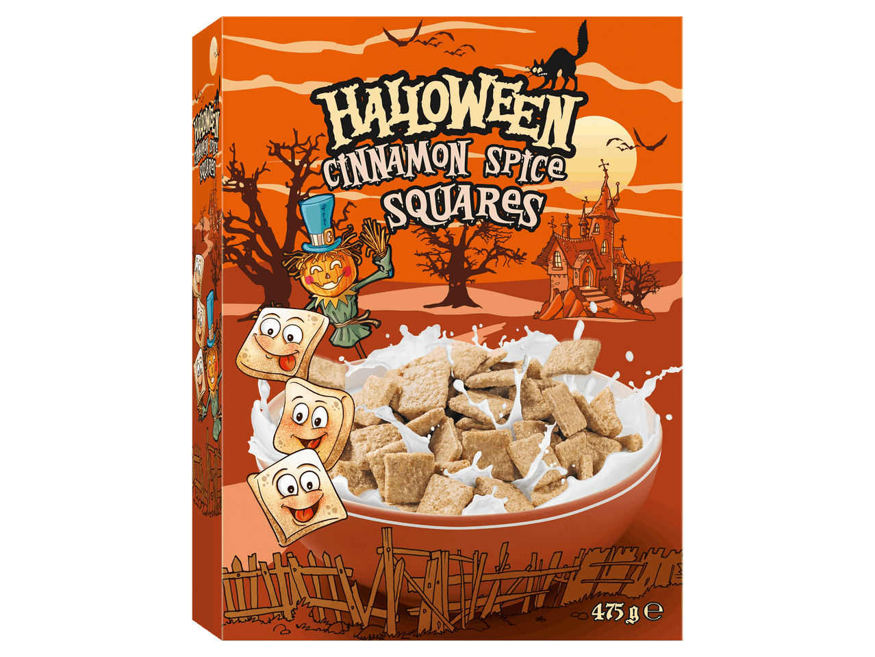 Fahéjas-fűszeres gabonapehely doboza halloweeni dizájnnal és egy tál tejjel leöntött pehellyel.