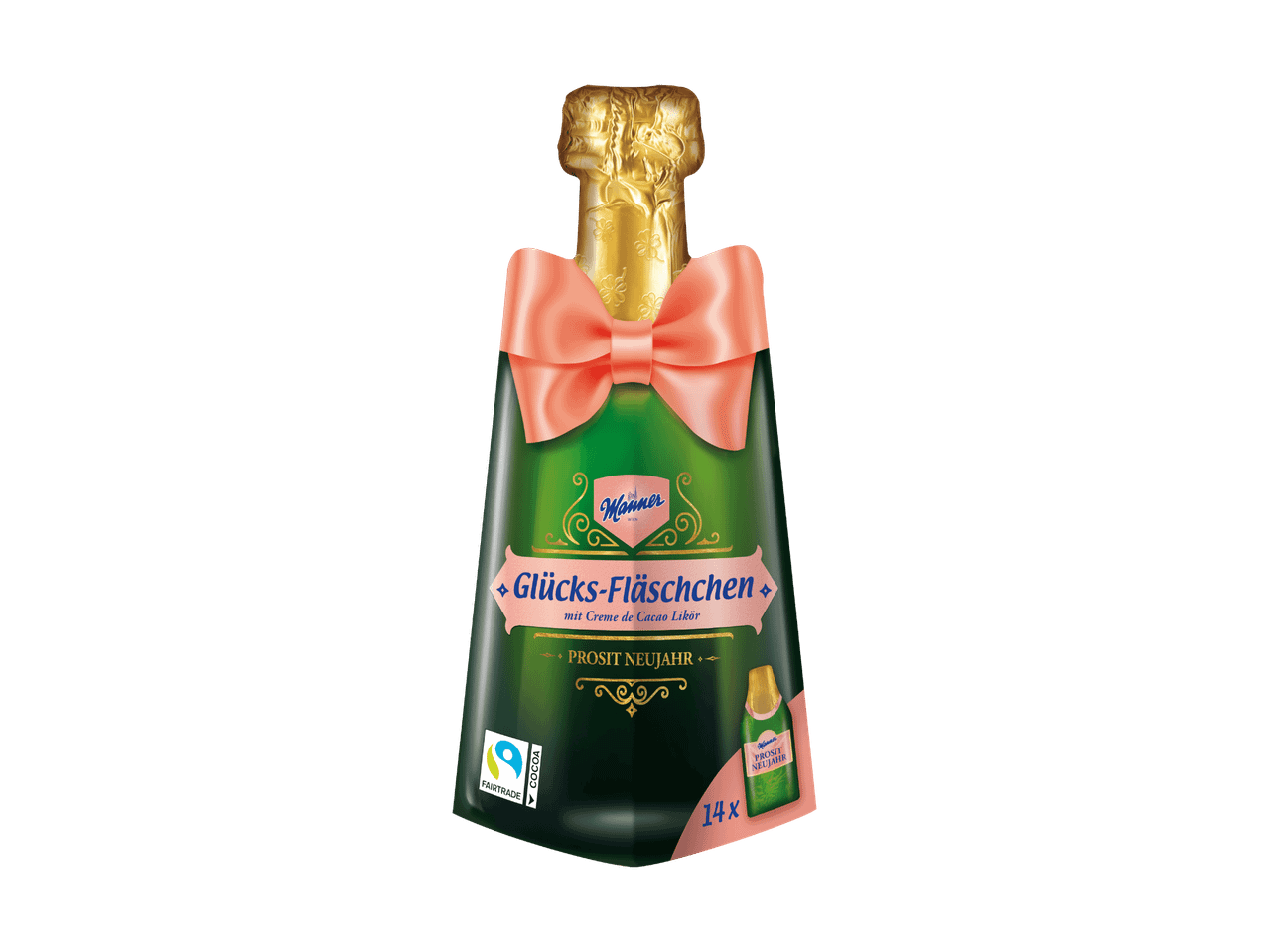 Manner Glücks-Fläschchen mit Creme de Cacao Likör, 14 Stück, in Sektflaschenform