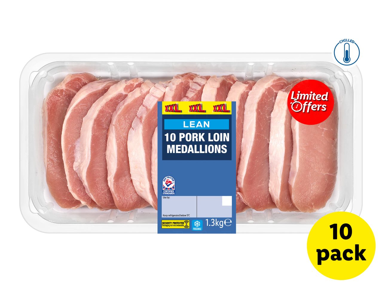 Pack of 10 lean pork loin medallions, 1.3kg, with a 'Limited Offers' label.