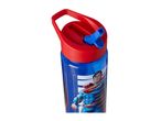 Blue Superman water bottle with a red lid and blue straw, featuring a graphic of Superman.