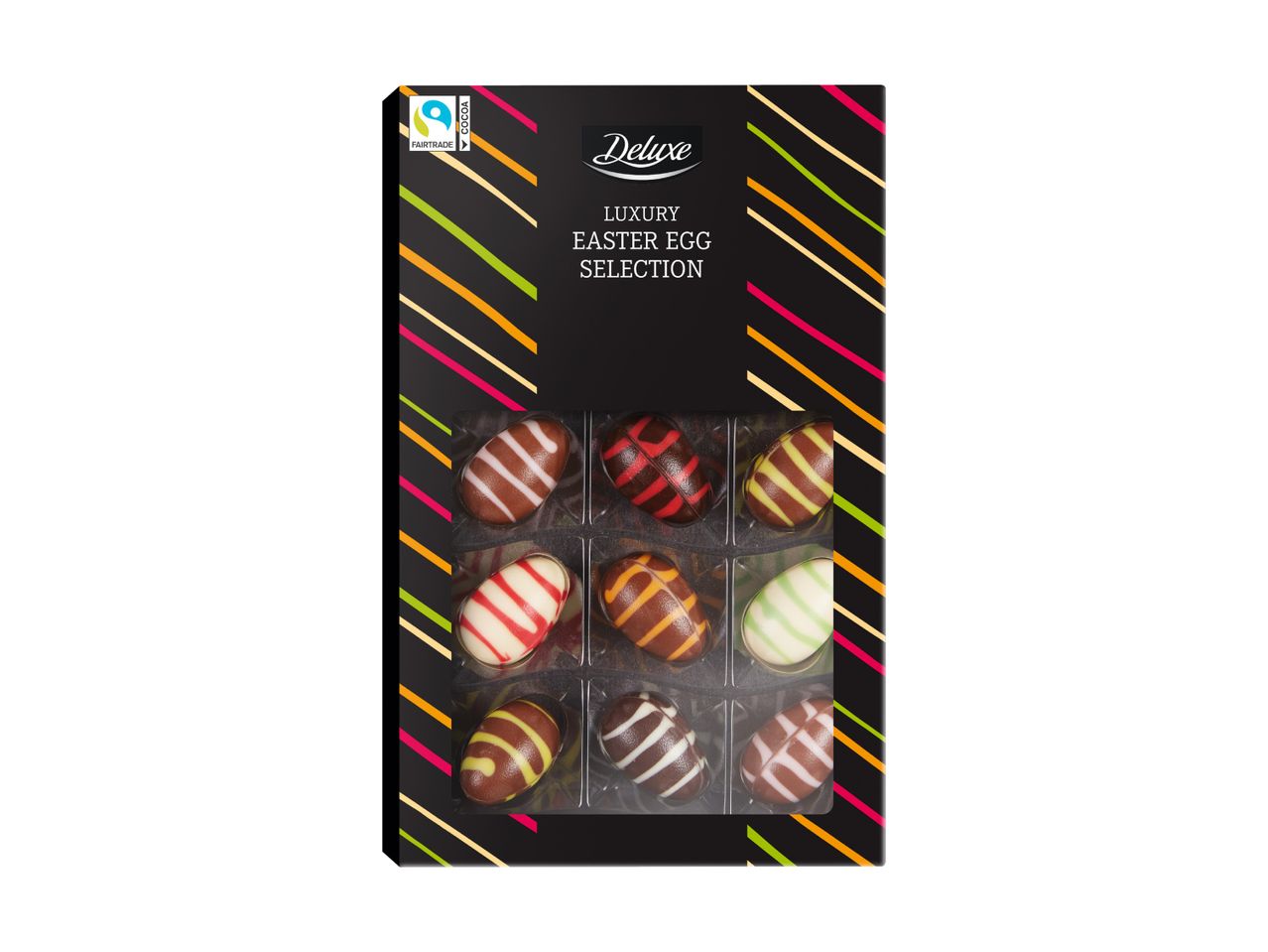 Luxury Easter egg selection box with nine chocolate eggs in various colors and patterns.