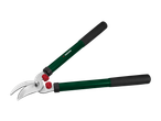 Green and black garden loppers with red shock absorbers on a black background.