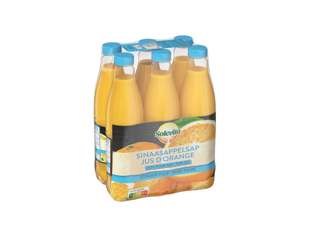 Jus d'orange Solevita, 100% pur jus, sans pulpe, en pack de six bouteilles