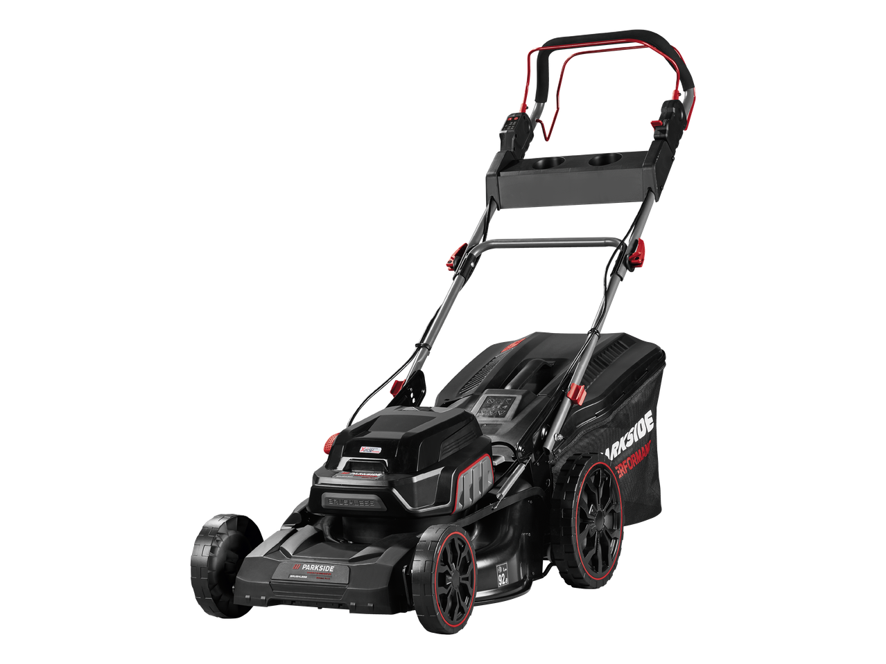 Crna i crvena bežična kosilica s vrećom za skupljanje trave, na crnoj pozadini.