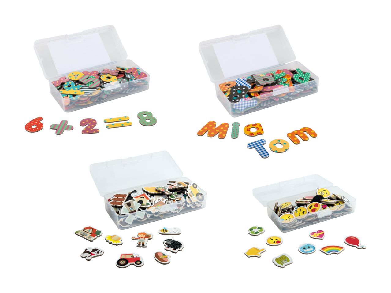 Kinderspielzeug-Sets: Buchstaben, Zahlen und Tiere in Aufbewahrungsboxen.