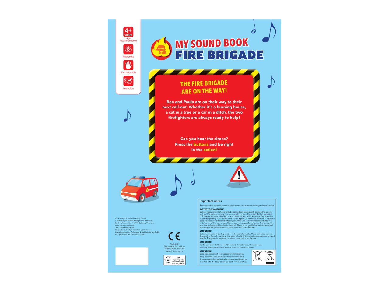 Children's sound book about a fire brigade, with age recommendations and battery safety notes.