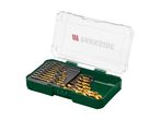 A set of gold-colored drill bits in a green and clear plastic case.