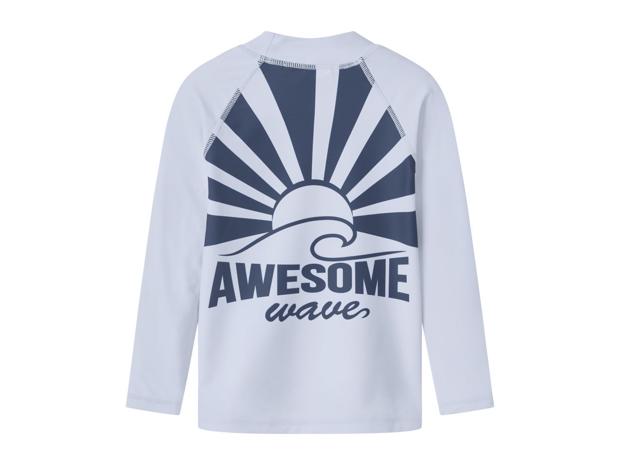White long-sleeve rash guard with a dark blue sun, wave, and 'AWESOME wave' graphic on the back.