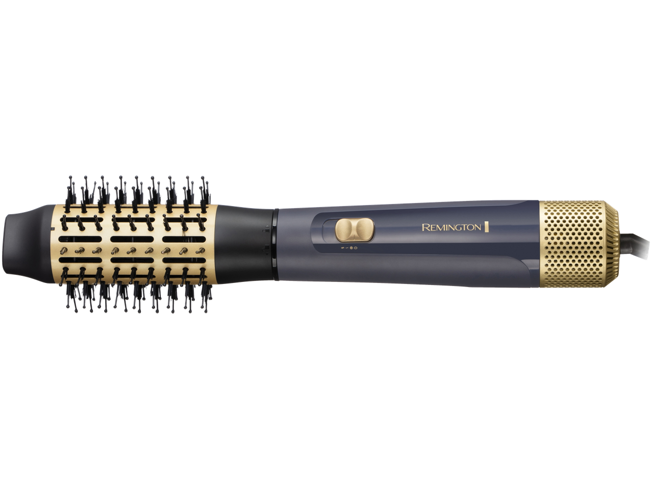 Hair dryer brush in dark blue and gold with bristles and air vents