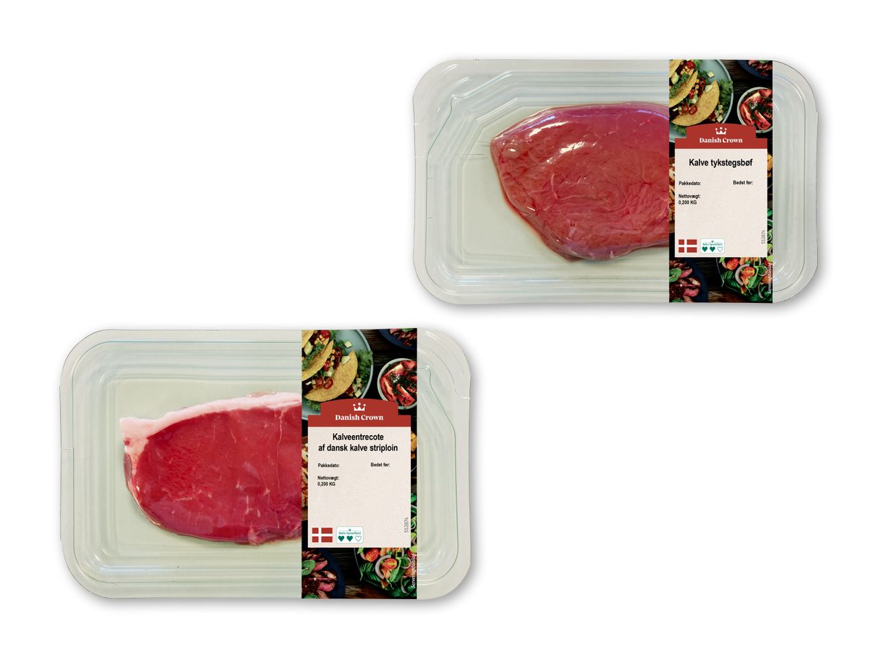 To pakker kalvekød, en kalveentrecote og en kalvetykstegsbøf, med information om vægt og dato.