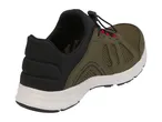 Olive green and black athletic shoe with a white sole and bungee laces.